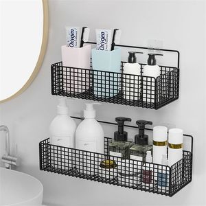 Black Wallmounted Bathroom Shelf Shower Shampoo Rack Toilet Accessories Kitchen Free Punch Condiment Storage Basket 220527