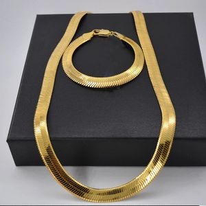 Trend smyckesset 18k gult guldfyllt platt fiskbenskedja Halsband Armbandsset Herrtillbehör 24tum 8,26tum