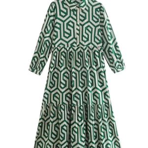 Zevity 여성 빈티지 기하학적 인쇄 주름 캐주얼 슬림 미디 셔츠 드레스 여성 세련