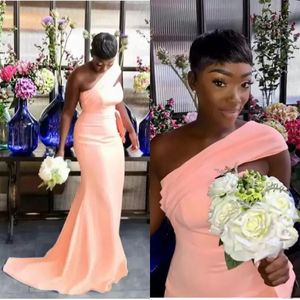 Peach Sexy Mermaid Bridesmaid Dresses for African Black Girl One Shoulder Long Satin Wedding Party Dress Women Formal Prom Gowns BC9852