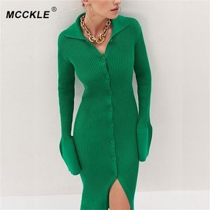 Sexy V-Neck Midi Dzianiny Kobiety Sukienka Bodycon Moda Długi Rękaw Przycisk Sweter Sukienki Kobiet Jesień Damskie Party Vestidos 220316