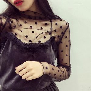 Moda Donna Sexy Manica lunga Vedere attraverso Maglia a rete Casual Top Tee Shirt Sheer Black Lace Star Dots Camicette Tee Shirts 220516
