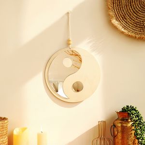 Yin & Yang Wooden Mirror Feng Shui Decoration Home Boho Wood Wall Decor Farmhouse Mirrors for Bedroom Living Room House Gift