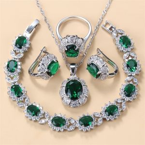 925 MARK Naszyjnik i kolczyki Zestawy biżuterii dla kobiet mody sukienki ślubnej kostium zielony cyrkon Bransoletka i pierścień 220726