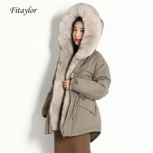 Fitaylor Winter Natural Fur Coat Women 90% White Duck Down Parkas pälsjackor överdimensionerade riktiga päls överrock 201125