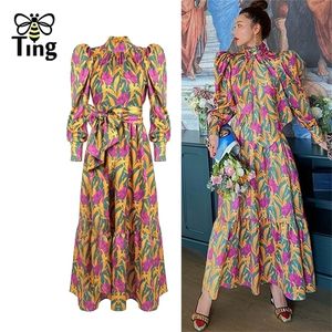 Tingfly Vintage Tasarımcı Pist Puf Kol Bahar Sonbahar Midi Uzun Elbiseler Kadın Parti Gece Elbiseleri Çiçek Sexi Aesthetic Robe 220317