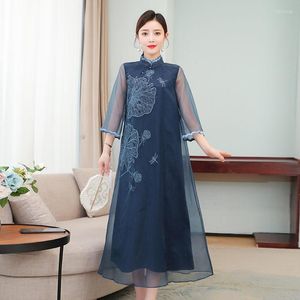 Chinese Women's Retro Ethnic Style Clothes Hanfu Embroidered Cheongsam Improved Version Mesh Patchwork Dress 2022 Robes Zh459 Casual Dresses