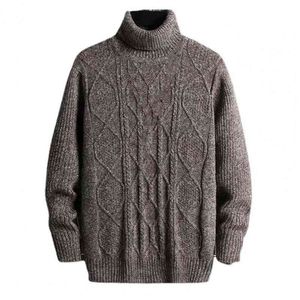 Herrtröja stickad fast färg Hög krage Twisted Texture Tjock Loose Mane Tröja Winter Autumn Mane Sweater L220730