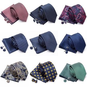 Mens Jacquard Tie Cravat manschettknappar Set slips mode randband för män bröllopsklänning näsduk tillbehör