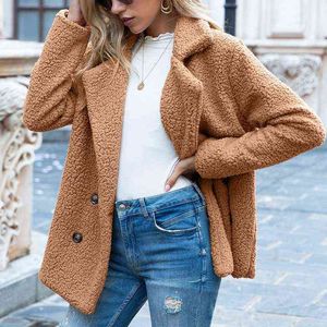 2021 Helt ny grossistknapp LAPEL LOOK FLEECE Sweater Cardigan Sheep Woolen Coat Women Jacket Winter T220714