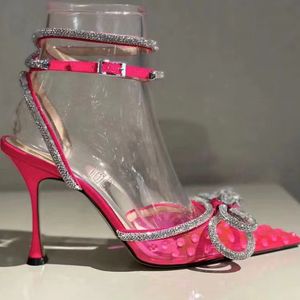 디자이너 - 최고 품질의 샌들 Mach 디자이너 슬리퍼 9cm 발 뒤꿈치 신발 형광 색상 투명 PVC 활 크리스탈 장식 된 라인싱