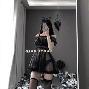 Spitze Dessous Schwarz Weiß Transparent Schöne Sexy Süße Prinzessin Schlafen Nachthemd Nachtwäsche Lolita Kawaii Chiffon Kleid 220720