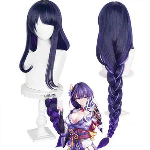 Game Anime Genshin Impact Raiden Shogun Cosplay Wig Pre Styled 110cm Long Heat Resistant Synthetic Purple Mixed Color Baal Wigs AA220317