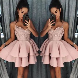 Custom Pink Applices kurze Spaghetti Cocktail Party Kleider Mini Gold Prom Kleider Plus Größe für den Womens Club Kee