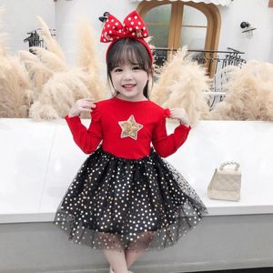 Kız Elbiseleri Sıradan Yaz Kızlar Toddler Çocuklar Bebek Glitter Yıldızları Kızıl Çocuklar İçin Kırmızı Polka Dotlar Elbise Noel Giysileri 2-8 Yıl