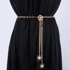 Bälten Pearl Leather Metal Chain bälte för kvinnor klänning Tassel Rhinestone midjeband Kvinnlig blommagrets dekoration Tillbehör Starpbelts