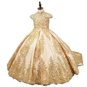 Vestidos de menina Vestido de flor de luxo com miçangas de cristal para casamento Vestidos de baile dourados Glitz Treinar meninas personalizadas LongoGirl's