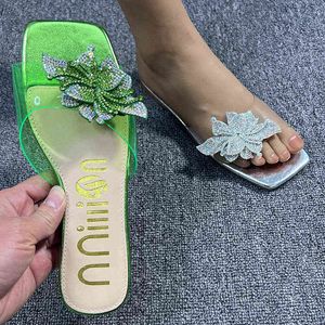 Women Flats Big Size Modern Slippers Ladies Rhinestone Flowers 2022 Summer New Square Toe Sandals Slides Outside Female Shoes 220520