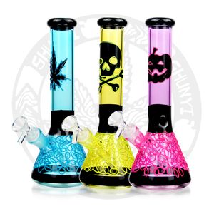 10 Zoll Glas Bong Dab Rig Rauch Wasserrohr Shisha Oil Rigs Hand gezeichneter Schädel Kühle Bongs Becher Rauchrohre Tabakfabrik gemischte Farbe im Dunkeln