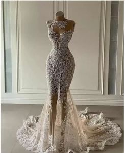 2022 Mermaid Vestres de noiva Ilusão Vestido de noiva Vestido Cristais de trem Cristais de renda com renda com mangas de tule de tule plus size praia bc11450 0620