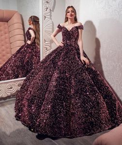Quinceanera Ball Gown Evening Dresses 2022 Sexy Grape Sequins Off Shoulder Ruched Skirt Formal Prom Gowns Sequin Robe Soiree De Mariage s