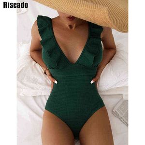 Riseado Gerippte Einteilige Badeanzüge Rüschen Bademode Frauen 2022 Sexy V-ausschnitt Monokini Solide Bodysuit Lace Up Monokini Badeanzüge Y220423