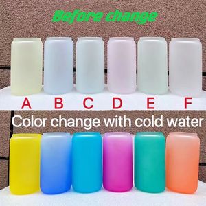 MOQ 20pcs 16oz Sublimation Cold Water Change Glass Tumbler with Bamboo lid & Plastic Straw Heat Transfer DIY water Bottle Coffee Mugs 6 colors