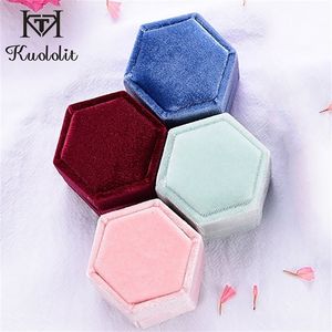 Kuololit 5PC/lot Velvet Hexagon Jewelry Boxes for Women Red pink green blue Ring Boxes for Wedding Engagement Bridal Gift New T200808