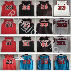 Najwyższej jakości koszulki do koszykówki męskie 23 Michael Scottie 33 Pippen Mesh Retro Dennis 91 Rodman Striped Blue Red Black Jerseys