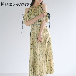 Kuzuwata Japanese Style Two Wear Women Vestidos Spring Robes Off Shoulder Drawstring Slim Waist Print Pleated Dress 220423