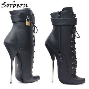 Sorbern Black Matt Ankel Boots Kvinnor Ballett Metal Heels 18cm Stilettos Låsbara Ankelband Peka Toes Anpassade färger