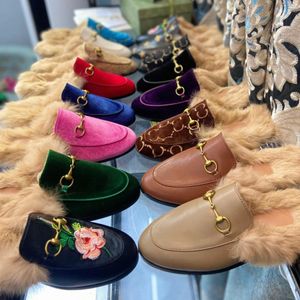 designer Women Princetown Loafers Autumn Winter Warm Wool Slippers fur Classic Metal Buckle Embroidery Sandals Men Leather Half SlipperoPb1#