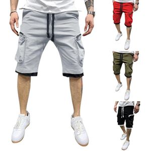 Men's Pants White H Men's Casual Mid Waist Short Cargo Pant Solid Splice Pocket Drawstring Shorts Fashion Color Loose PantMen's