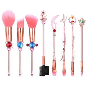 Anime Sailor Moon Make-up-Pinsel-Set, 8-teilig, Zauberstab, Metallgriff, Kosmetikpinsel, professionelle Augen-, Gesichts- und Lippen-Make-up-Pinsel, Werkzeug, Cosplay