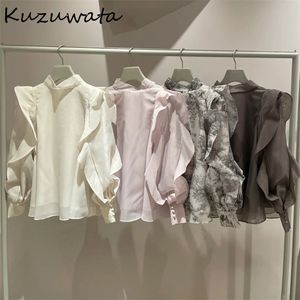 Kuzuwata cedo primavera mulheres tops elegante blusas doces stand colar de manga longa back bowknot lace up 220407