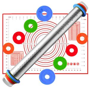 Custom adjustable metal stainless steel Dough Roller non stick rolling pin with thickness rings and silicon baking mat set