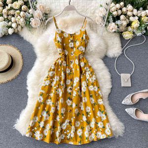 Botão Boho 2022 Sexy Spaghetti Strap Floral Imprimir Midi Vestido Verão Partido Casual Mulheres A-Linha Beach Holiday Holiday Toy Dress Y220413