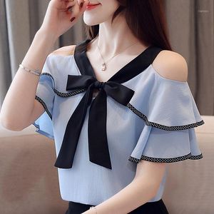 Женские блузки Рубашки Blusas Mujer de Moda 2022 Sexy Off Pleep Top Bow V-образным вырезом Шифон Блуза рубашка с коротким рукавом Женщины Летние Топы FEMA