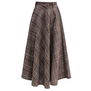 Neophil Winter Women Plaid Wool Midi Skirts Pleated Sashes England Style Vintage Warm ALine Skirt Faldas Mujer Moda S9932 210311