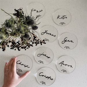 Cartões redondos de acrílico claro Perspex Nome em branco Coloque o sinal de ladrilhos simples, tamanho personalizado com buraco para eventos de saudação de convite de casamento 220711