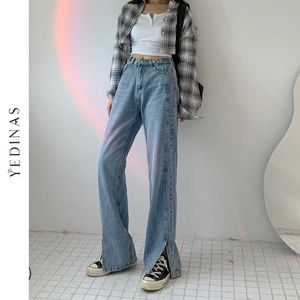 Yedinas Retro Schlitz Jeans Frau Hohe Taille Vintage Blau Y2k Denim Hosen Weibliche Koreanische Breite Bein Hosen Volle Länge 210527