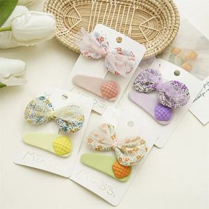 2 Pieces Children Floral Cloth Bow-tie Hair Clips Barrettes Candy Color Triangle Fabric Bangs BB Clip European Bowknot Head Wear Ponytail Hairpins Hair Accessories