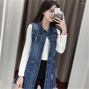 Gilet da donna Taglie forti Gilet da donna 6XL Giacca di jeans Moda senza maniche Risvolto Denim lungo Elegante Cappotti coreani All-Match Top oversize A672 Luc