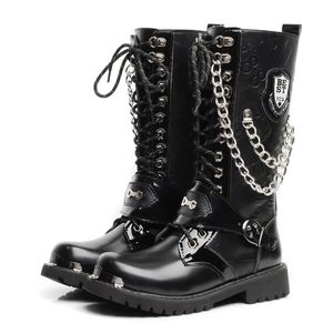 Motocycle Boots Size 37-46 Men Shoes Army Boot High-Top Military Combat Boots Metal Chain Male Moto Punk