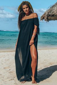 Kvinnors badkläder Kvinnor Sexig Off Axel Tunic Beach Dress Split Beachwear Short Sleeve Solid Cover Up Summer Maxi 22MK