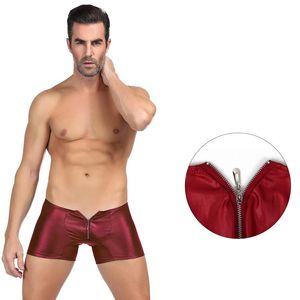 Underpants Sexy Underwear Men Panties Boxer Shorts Leather Solid Short Homme Zipper Comfortable Largo Hombre Tight Man Boxers