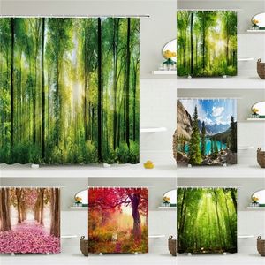 Nature Forest Shower Curtain Waterproof Badrum Skärmträd landskap gardiner Polyesterduk Hemdekoration Badgardiner 220517