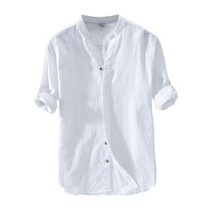 Bomull Linen Casual T Shirts för män Grundläggande Klassisk Vit Skjorta Höst Male Långärmad Stativ Krage Andas Mäns Kläder 220322