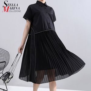 Fashion Woman Summer Korean Style Black Pleated Shirt Dress Chiffon Patchwork Lapel Ladies Cute Casual Midi Dress Robe 6168 210303