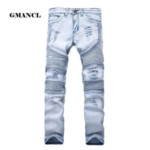 Jeans skinny da uomo Jeans elasticizzati slim effetto consumato Jeans da motociclista in denim Pantaloni hip-hop Jeans strappati lavati plus size 2842YA558 T200614